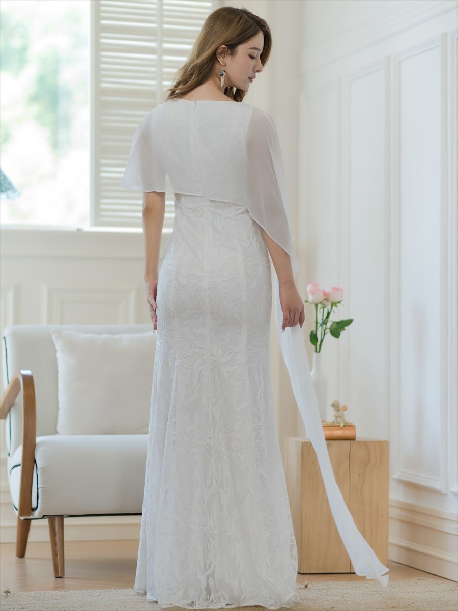 画像7: [ERUKEI/SETTAN]ホワイト・ワインレッド・イエロー・総レース・ケープ風・ロングスリーブ・ロングドレス[送料無料] (7)