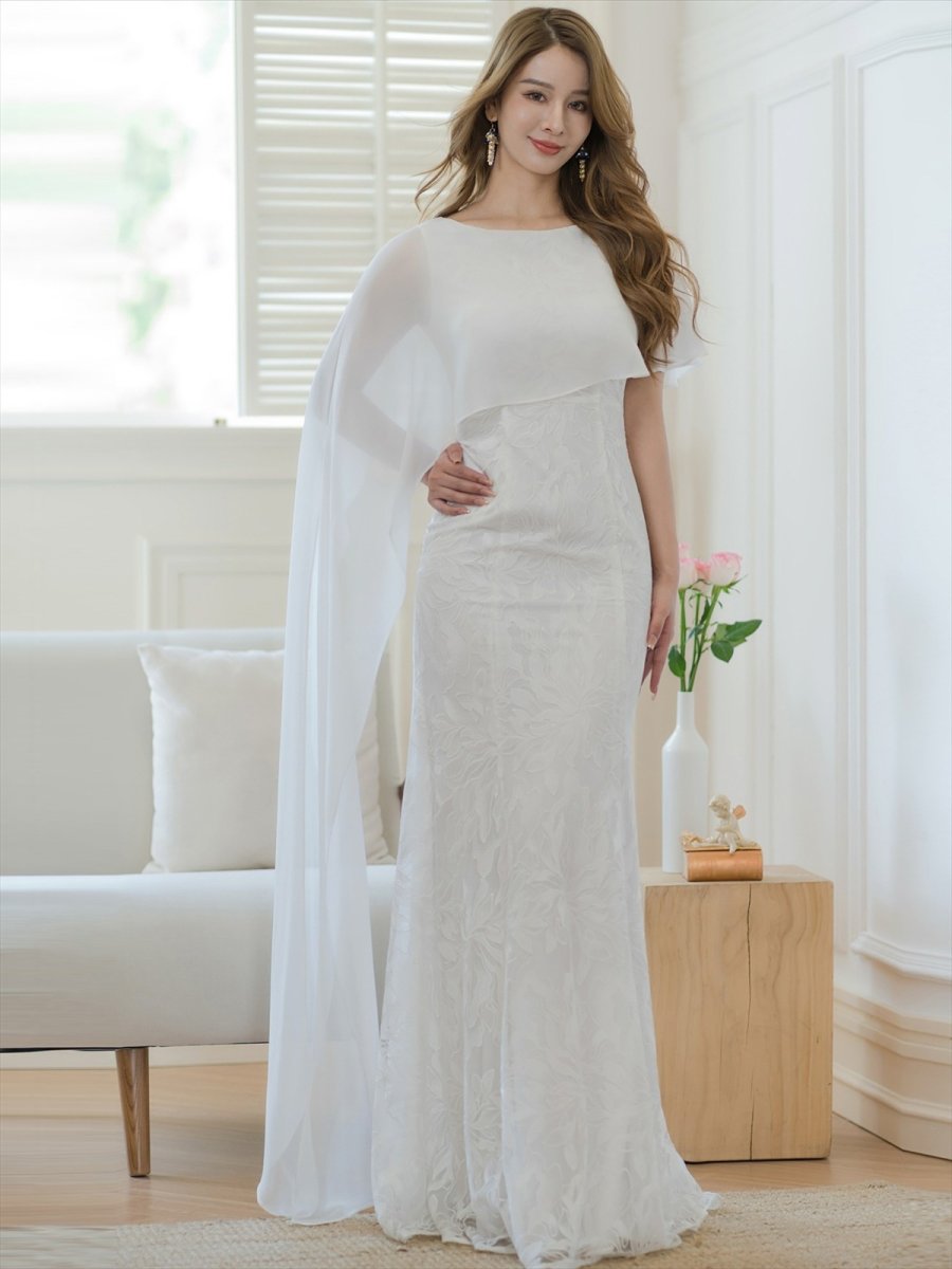 画像13: [ERUKEI/SETTAN]ホワイト・ワインレッド・イエロー・総レース・ケープ風・ロングスリーブ・ロングドレス[送料無料] (13)