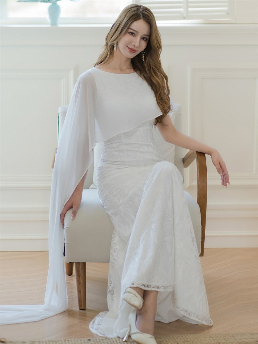 画像16: [ERUKEI/SETTAN]ホワイト・ワインレッド・イエロー・総レース・ケープ風・ロングスリーブ・ロングドレス[送料無料] (16)