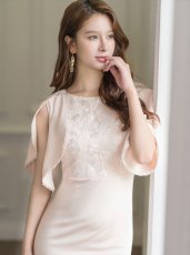 画像4: [ERUKEI/SETTAN]ベージュ・タイト・胸元刺繍・フリルスリーブ・パール・ミニドレス・ワンピース[送料無料] (4)