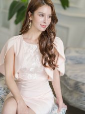 画像6: [ERUKEI/SETTAN]ベージュ・タイト・胸元刺繍・フリルスリーブ・パール・ミニドレス・ワンピース[送料無料] (6)