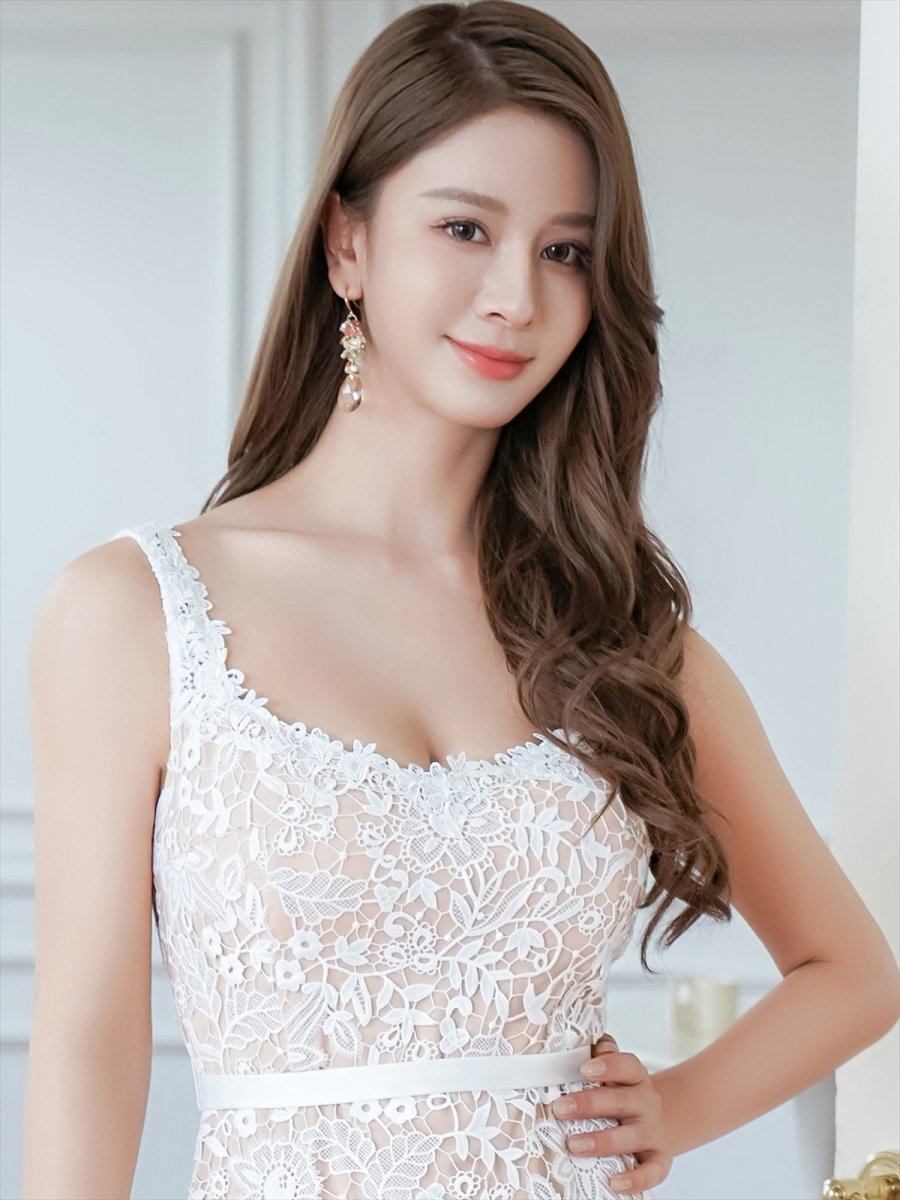 画像4: [ERUKEI/SETTAN]ベージュ×ホワイト・総レース・Aライン・上品・エレガント・ノースリーブ・花・ロングドレス[送料無料] (4)