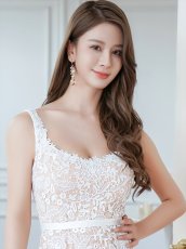 画像4: [ERUKEI/SETTAN]ベージュ×ホワイト・総レース・Aライン・上品・エレガント・ノースリーブ・花・ロングドレス[送料無料] (4)