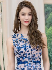 画像4: [ERUKEI/SETTAN]ブルー・チュールレース・刺繡・花柄・エアリー・ベルト付き・タイト・マーメイド・ミディアムドレス・ワンピース[送料無料] (4)