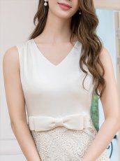 画像4: [ XS-Lサイズ / 1カラー][ERUKEI/SETTAN]レース・切替・タック・Vネック・ノースリーブ・リボン・タイト・ミディアムドレス・ワンピース[送料無料] (4)