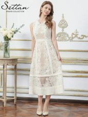 画像2: [ XS-Lサイズ / 1カラー][ERUKEI/SETTAN]立体フラワー・レース・メッシュ・シアー・ノースリーブ・インナーミニ・Aライン・ミディアムドレス・ワンピース[送料無料] (2)