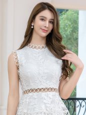 画像4: [ XS-Lサイズ / 1カラー ][ERUKEI/SETTAN]ホワイト・チュールレース・切替・ティアード・ノースリーブ・Aライン・ミディアムドレス・ワンピース[送料無料] (4)