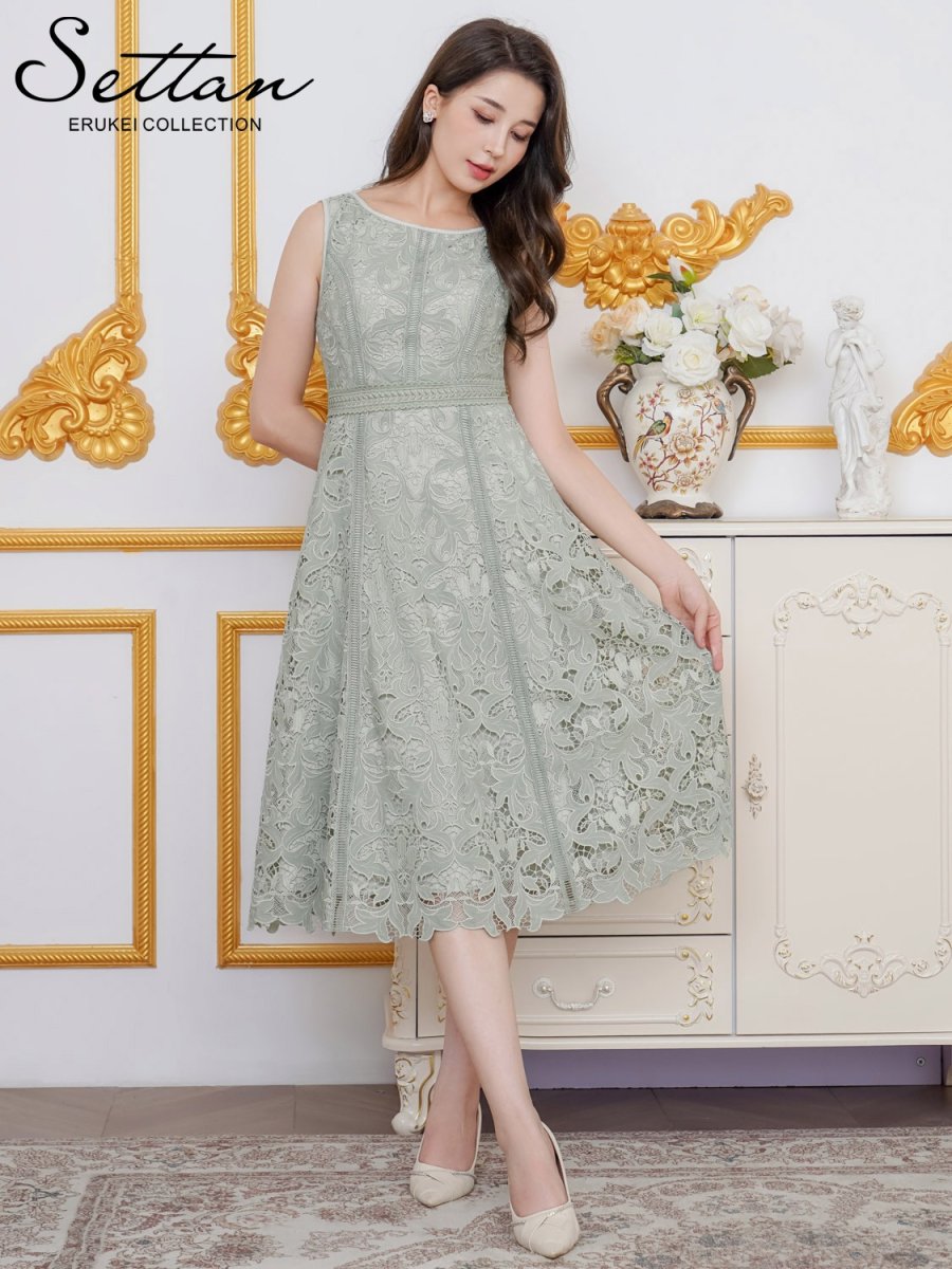 画像3: [ERUKEI/SETTAN]総レース・ノースリーブ・パイピング・ハイウエスト・Aライン・ミディアムドレス・ワンピース[送料無料] (3)