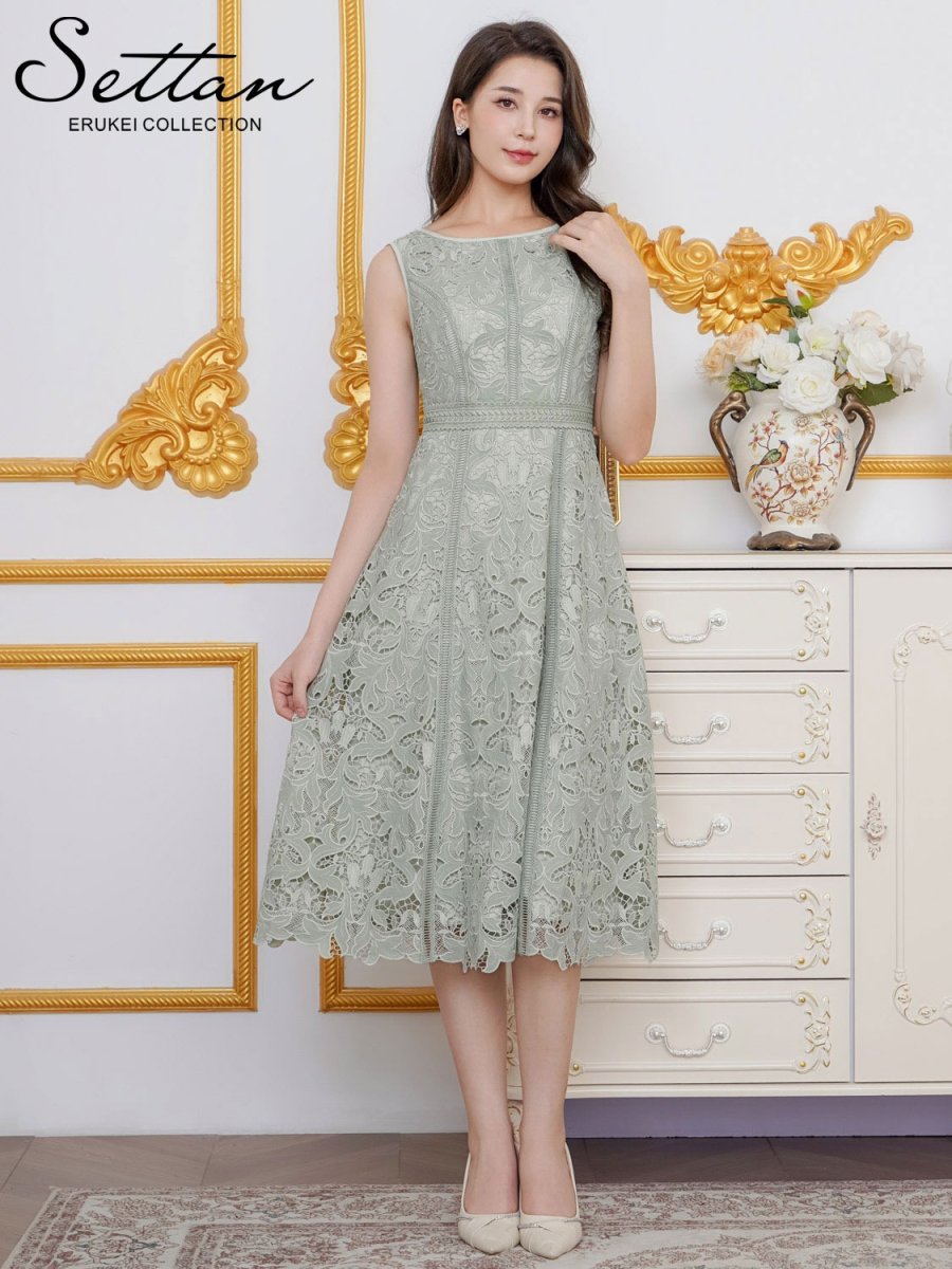 画像9: [ERUKEI/SETTAN]総レース・ノースリーブ・パイピング・ハイウエスト・Aライン・ミディアムドレス・ワンピース[送料無料] (9)