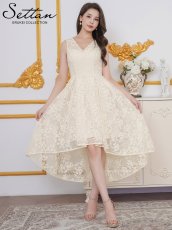 画像1: [ XS-Lサイズ / 1カラー ][ERUKEI/SETTAN]総レース・スパンコール・ノースリーブ・Vネック・タック・フィッシュテール・Aライン・ミディアムドレス・ワンピース[送料無料] (1)