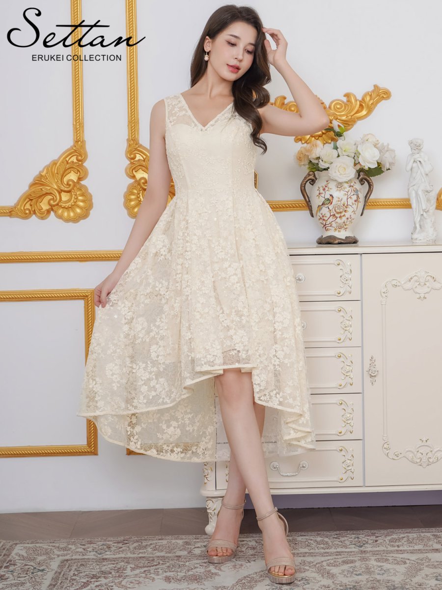 画像2: [ XS-Lサイズ / 1カラー ][ERUKEI/SETTAN]総レース・スパンコール・ノースリーブ・Vネック・タック・フィッシュテール・Aライン・ミディアムドレス・ワンピース[送料無料] (2)