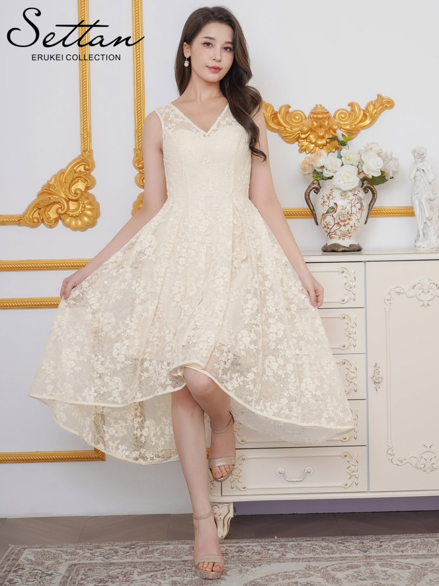 画像5: [ XS-Lサイズ / 1カラー ][ERUKEI/SETTAN]総レース・スパンコール・ノースリーブ・Vネック・タック・フィッシュテール・Aライン・ミディアムドレス・ワンピース[送料無料] (5)