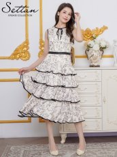 画像1: [ XS-Lサイズ / 1カラー][ERUKEI/SETTAN]花柄・プリント・ノースリーブ・リボン・パイピング・切替・ティアード・ミディアムドレス・ワンピース[送料無料] (1)