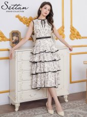 画像2: [ XS-Lサイズ / 1カラー][ERUKEI/SETTAN]花柄・プリント・ノースリーブ・リボン・パイピング・切替・ティアード・ミディアムドレス・ワンピース[送料無料] (2)