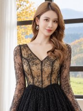 画像4: [ XS-Lサイズ / 2カラー][ERUKEI/SETTAN]総レース・スパンコール・Vネック・長袖・フレアスリーブ・ハイウエスト・フレア・Aライン・ミニドレス・ワンピース[送料無料] (4)