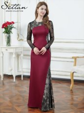 画像1: [ XS-Lサイズ / 1カラー][ERUKEI/SETTAN]レッド×ブラック・サテン・レース・長袖・シアー・タイト・マーメイド・ロングドレス[送料無料] (1)