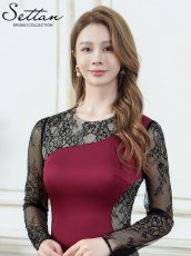 画像4: [ XS-Lサイズ / 1カラー][ERUKEI/SETTAN]レッド×ブラック・サテン・レース・長袖・シアー・タイト・マーメイド・ロングドレス[送料無料] (4)