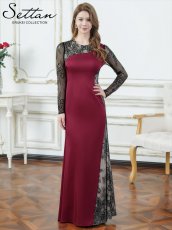 画像5: [ XS-Lサイズ / 1カラー][ERUKEI/SETTAN]レッド×ブラック・サテン・レース・長袖・シアー・タイト・マーメイド・ロングドレス[送料無料] (5)