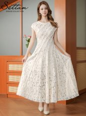 画像1: [ XS-Lサイズ / 1カラー][ERUKEI/SETTAN]総レース・斜め切替・アシンメトリー・フレンチスリーブ・マキシ丈・Aライン・ロングドレス[送料無料] (1)