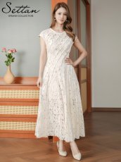 画像5: [ XS-Lサイズ / 1カラー][ERUKEI/SETTAN]総レース・斜め切替・アシンメトリー・フレンチスリーブ・マキシ丈・Aライン・ロングドレス[送料無料] (5)