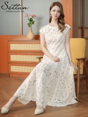 画像6: [ XS-Lサイズ / 1カラー][ERUKEI/SETTAN]総レース・斜め切替・アシンメトリー・フレンチスリーブ・マキシ丈・Aライン・ロングドレス[送料無料] (6)