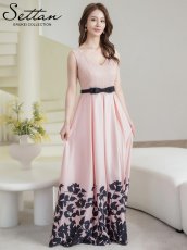 画像1: [ XS-Lサイズ / 1カラー][ERUKEI/SETTAN]フラワープリント・花柄レース・ハイウエスト・リボン・ノースリーブ・Vネック・Aライン・切替・ロングドレス[送料無料] (1)