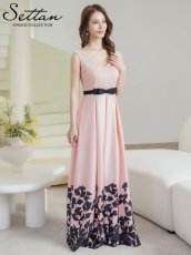 画像2: [ XS-Lサイズ / 1カラー][ERUKEI/SETTAN]フラワープリント・花柄レース・ハイウエスト・リボン・ノースリーブ・Vネック・Aライン・切替・ロングドレス[送料無料] (2)