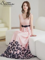 画像6: [ XS-Lサイズ / 1カラー][ERUKEI/SETTAN]フラワープリント・花柄レース・ハイウエスト・リボン・ノースリーブ・Vネック・Aライン・切替・ロングドレス[送料無料] (6)