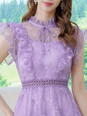 画像4: [ XS-Lサイズ / 2カラー][ERUKEI/SETTAN]花柄・総レース・プチハイネック・フリルスリーブ・ティアード・Aライン・ミディアムドレス・ワンピース[送料無料] (4)