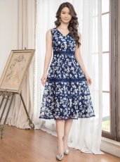 画像5: [ERUKEI/SETTAN]ネイビー・フラワーチーフ・総レース・Aライン・ノースリーブ・Vネック・ミディアムドレス・ワンピース[送料無料] (5)