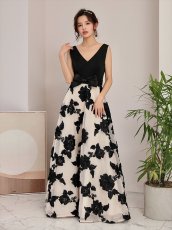 画像5: [ XS-Lサイズ / 2カラー ][ERUKEI/SETTAN]ブラック・レッド・立体刺繍・ウエストリボン・Aライン・Vネック・ロングドレス[送料無料] (5)