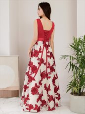 画像4: [ XS-Lサイズ / 2カラー ][ERUKEI/SETTAN]ブラック・レッド・立体刺繍・ウエストリボン・Aライン・Vネック・ロングドレス[送料無料] (4)