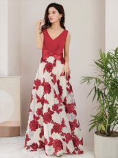 画像6: [ XS-Lサイズ / 2カラー ][ERUKEI/SETTAN]ブラック・レッド・立体刺繍・ウエストリボン・Aライン・Vネック・ロングドレス[送料無料] (6)