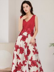 画像8: [ XS-Lサイズ / 2カラー ][ERUKEI/SETTAN]ブラック・レッド・立体刺繍・ウエストリボン・Aライン・Vネック・ロングドレス[送料無料] (8)