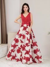 画像12: [ XS-Lサイズ / 2カラー ][ERUKEI/SETTAN]ブラック・レッド・立体刺繍・ウエストリボン・Aライン・Vネック・ロングドレス[送料無料] (12)