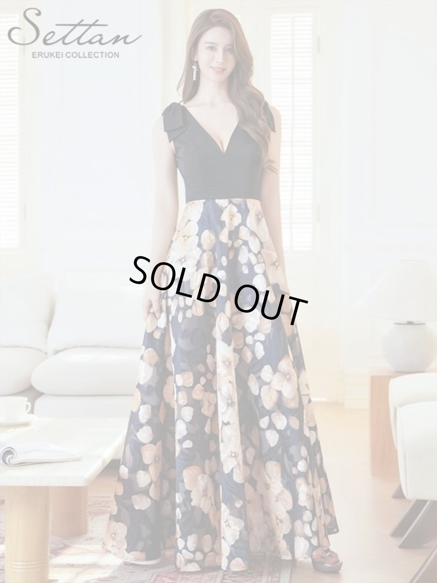 画像2: [ERUKEI/SETTAN]ワインレッド×ホワイト・ブラック×イエロー・リボン・プリント・Vネック・ノースリーブ・オーガンジー・Aライン・ロングドレス[送料無料] (2)