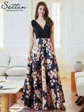 画像2: [ERUKEI/SETTAN]ワインレッド×ホワイト・ブラック×イエロー・リボン・プリント・Vネック・ノースリーブ・オーガンジー・Aライン・ロングドレス[送料無料] (2)