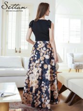 画像6: [ERUKEI/SETTAN]ワインレッド×ホワイト・ブラック×イエロー・リボン・プリント・Vネック・ノースリーブ・オーガンジー・Aライン・ロングドレス[送料無料] (6)