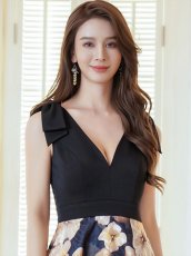 画像8: [ERUKEI/SETTAN]ワインレッド×ホワイト・ブラック×イエロー・リボン・プリント・Vネック・ノースリーブ・オーガンジー・Aライン・ロングドレス[送料無料] (8)