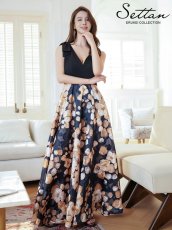 画像10: [ERUKEI/SETTAN]ワインレッド×ホワイト・ブラック×イエロー・リボン・プリント・Vネック・ノースリーブ・オーガンジー・Aライン・ロングドレス[送料無料] (10)