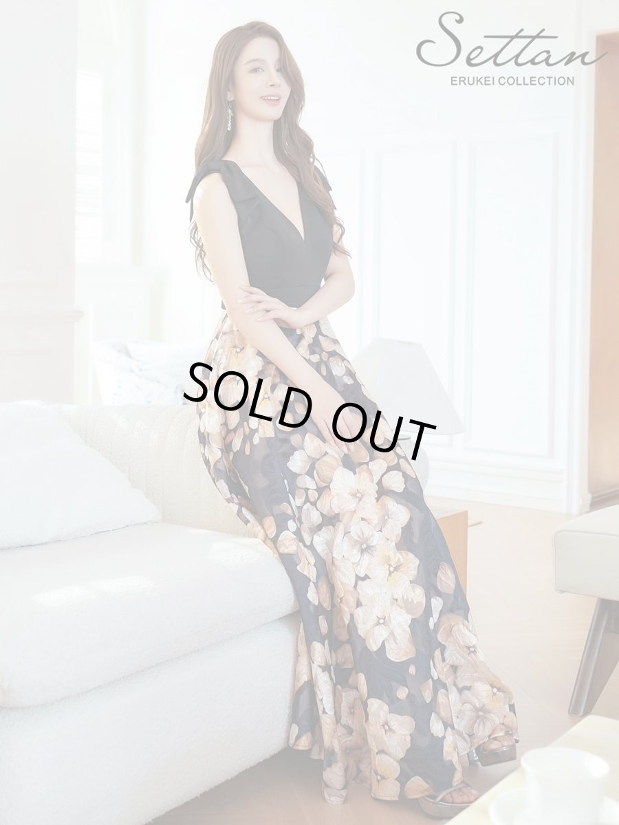 画像12: [ERUKEI/SETTAN]ワインレッド×ホワイト・ブラック×イエロー・リボン・プリント・Vネック・ノースリーブ・オーガンジー・Aライン・ロングドレス[送料無料] (12)