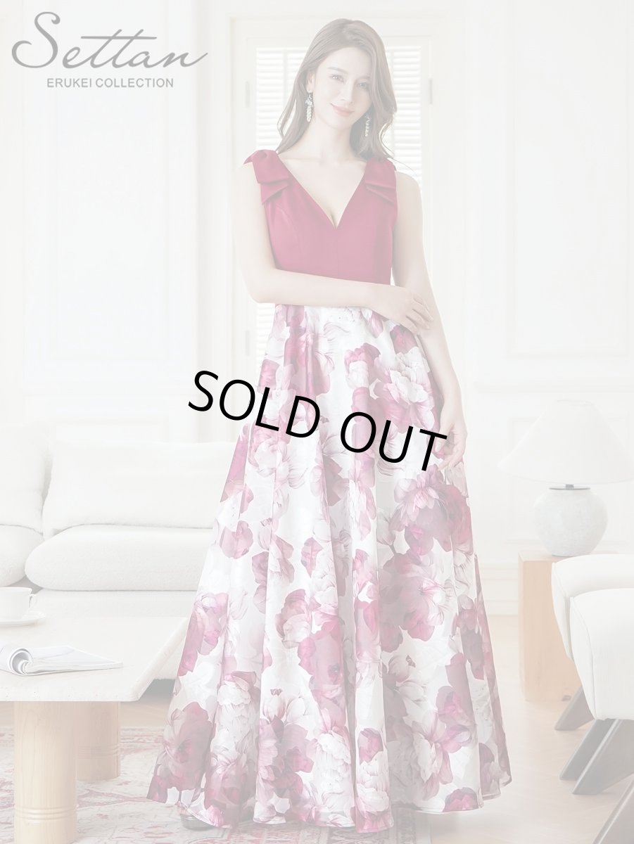 画像1: [ERUKEI/SETTAN]ワインレッド×ホワイト・ブラック×イエロー・リボン・プリント・Vネック・ノースリーブ・オーガンジー・Aライン・ロングドレス[送料無料] (1)