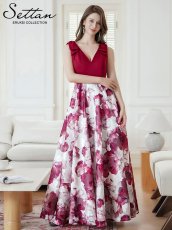 画像1: [ERUKEI/SETTAN]ワインレッド×ホワイト・ブラック×イエロー・リボン・プリント・Vネック・ノースリーブ・オーガンジー・Aライン・ロングドレス[送料無料] (1)