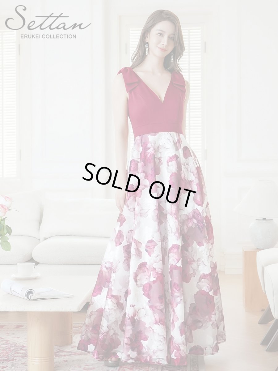 画像3: [ERUKEI/SETTAN]ワインレッド×ホワイト・ブラック×イエロー・リボン・プリント・Vネック・ノースリーブ・オーガンジー・Aライン・ロングドレス[送料無料] (3)