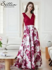 画像3: [ERUKEI/SETTAN]ワインレッド×ホワイト・ブラック×イエロー・リボン・プリント・Vネック・ノースリーブ・オーガンジー・Aライン・ロングドレス[送料無料] (3)