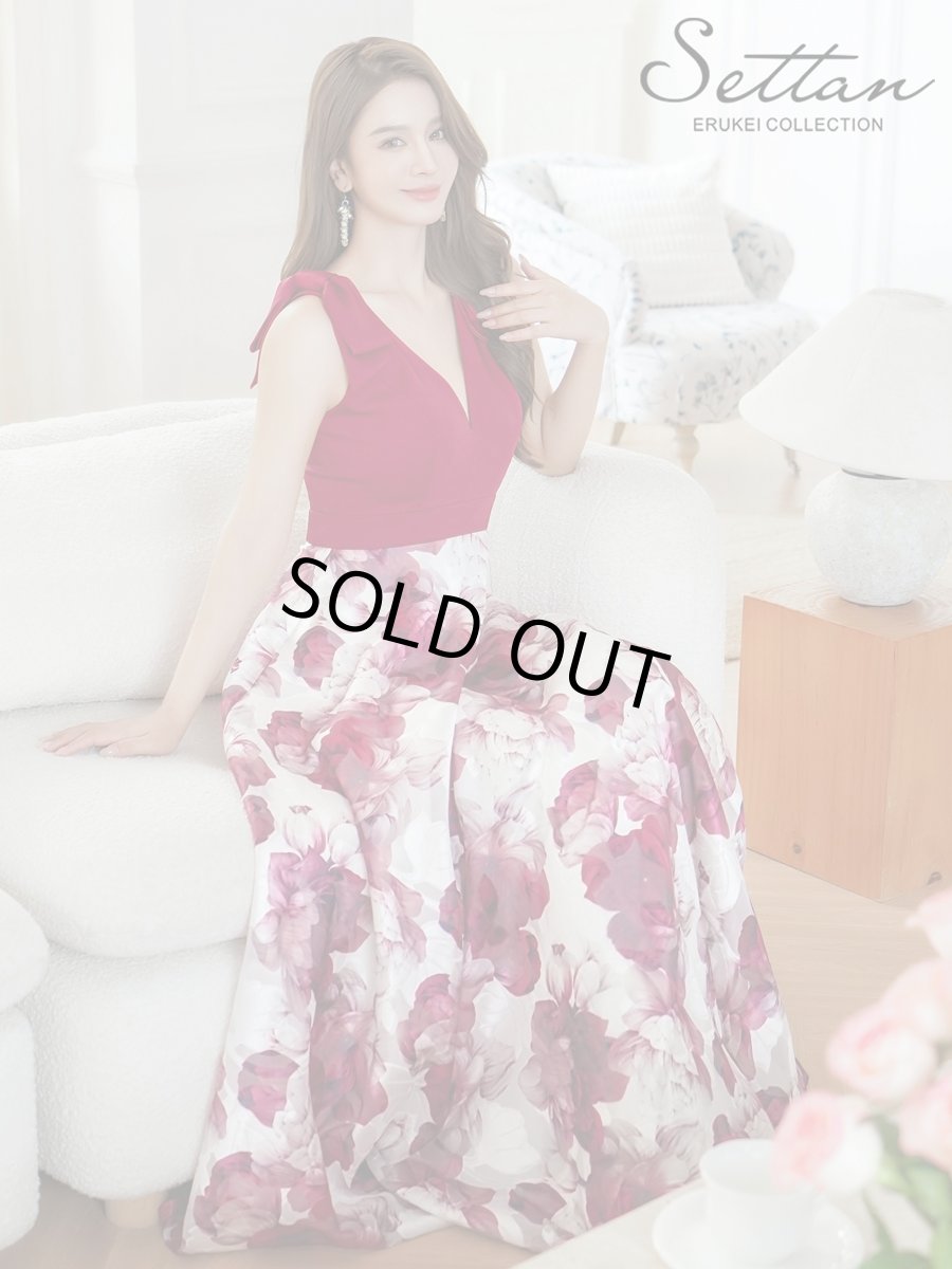 画像11: [ERUKEI/SETTAN]ワインレッド×ホワイト・ブラック×イエロー・リボン・プリント・Vネック・ノースリーブ・オーガンジー・Aライン・ロングドレス[送料無料] (11)