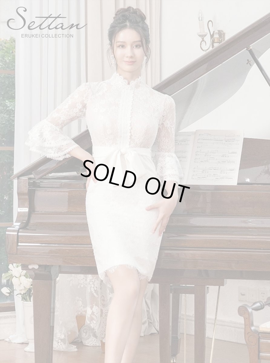 画像1: [ERUKEI/SETTAN]ホワイト・プチハイネック・総レース・7分袖・フリル・ウエストリボン・ミニドレス・ワンピース[送料無料] (1)