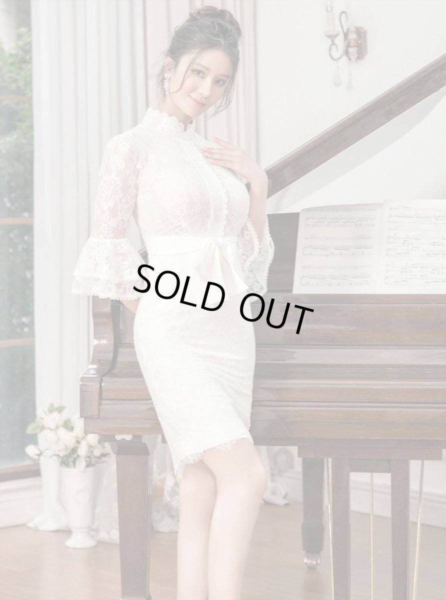 画像2: [ERUKEI/SETTAN]ホワイト・プチハイネック・総レース・7分袖・フリル・ウエストリボン・ミニドレス・ワンピース[送料無料] (2)