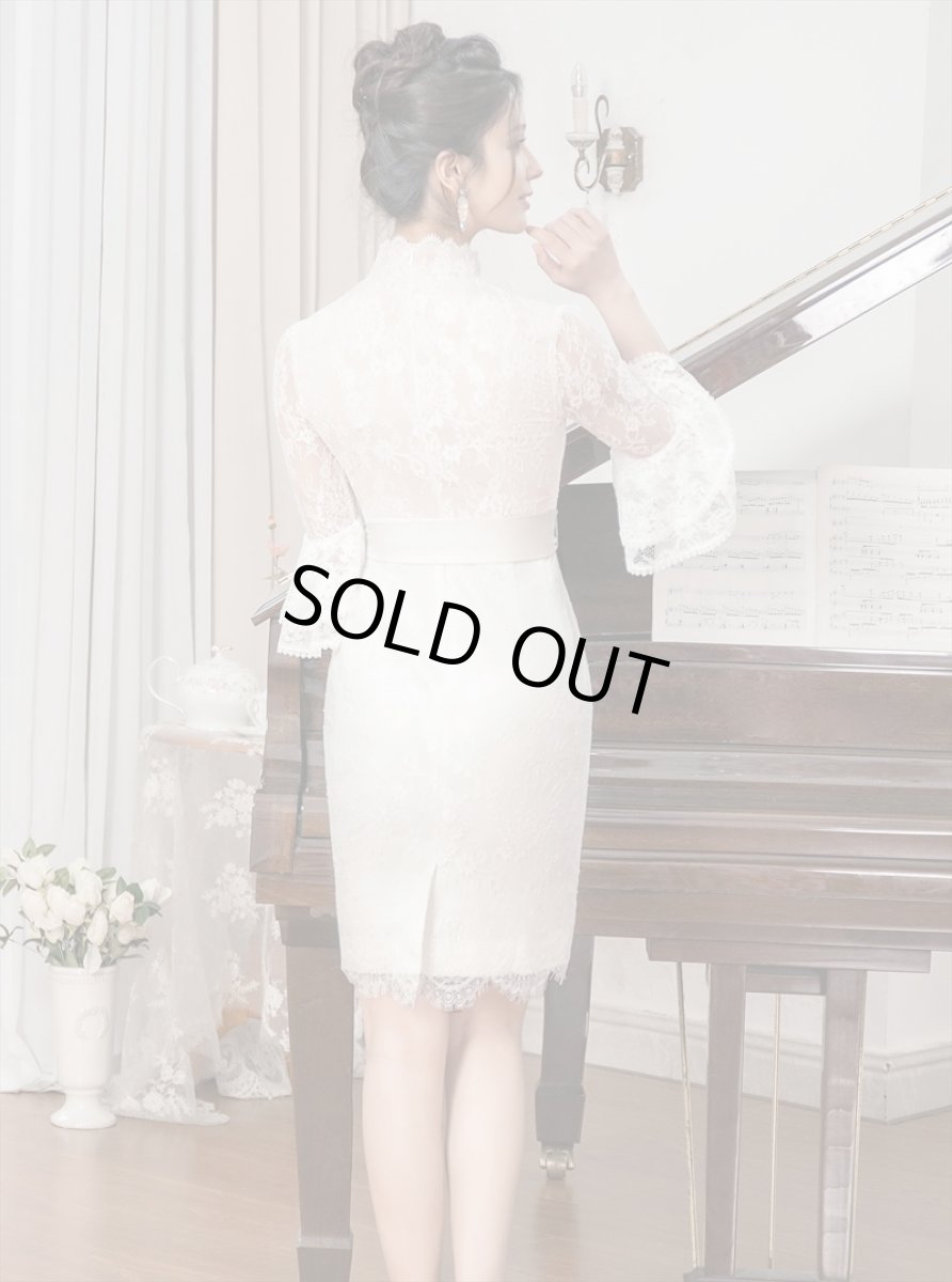 画像3: [ERUKEI/SETTAN]ホワイト・プチハイネック・総レース・7分袖・フリル・ウエストリボン・ミニドレス・ワンピース[送料無料] (3)