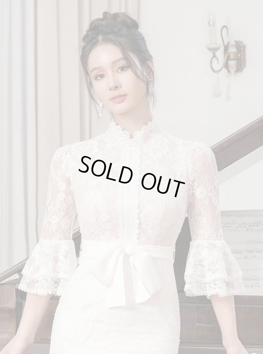 画像4: [ERUKEI/SETTAN]ホワイト・プチハイネック・総レース・7分袖・フリル・ウエストリボン・ミニドレス・ワンピース[送料無料] (4)